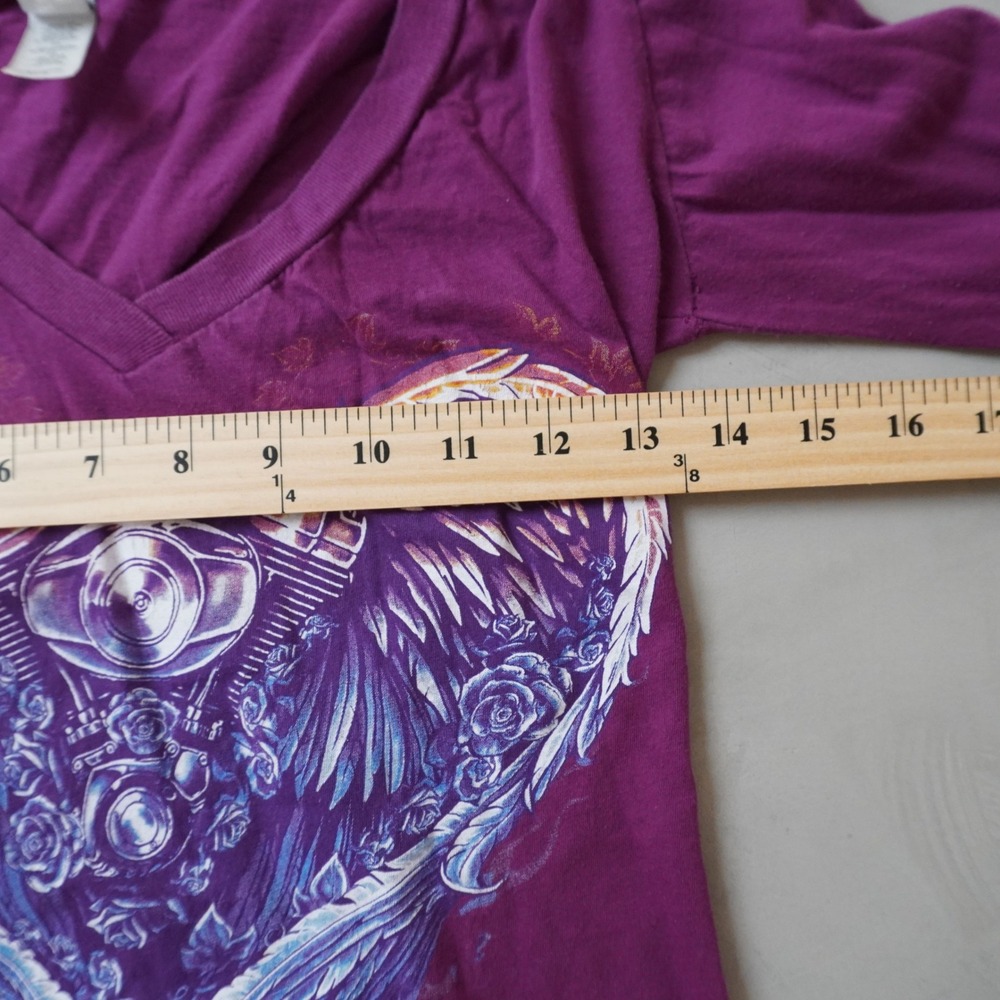 Vintage Y2K V-Neck Long Sleeve Shirt Small Purple Motorcycle Engine Wings Biker - Picture 8 of 8